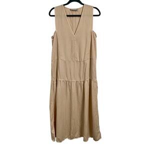 Everlane The Tencel V-Neck Dress Midi Beige Tan Women's Size Medium Modest